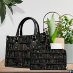Lifestyle scale display presenting the relative proportions of the dark academia handbag and wallet set.