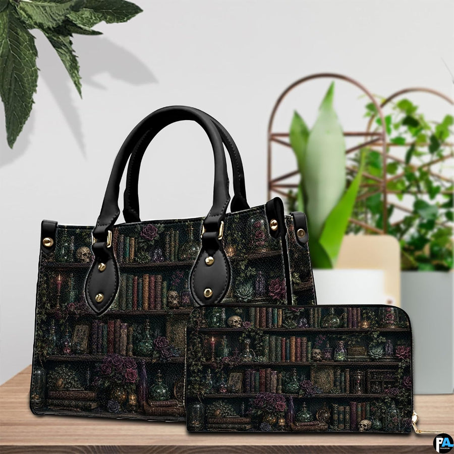 Lifestyle scale display presenting the relative proportions of the dark academia handbag and wallet set.