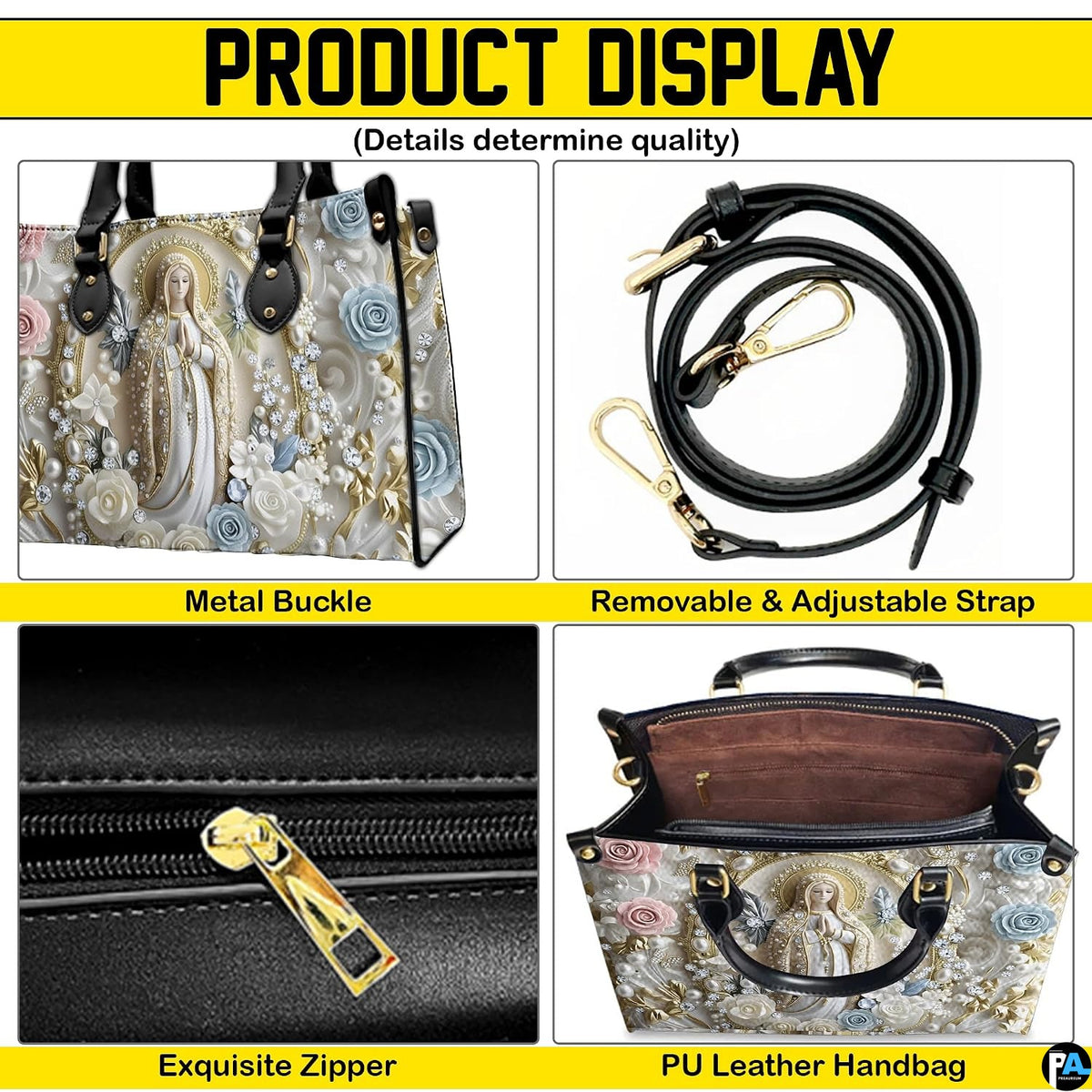 Top view of pearl Madonna handbag displaying top zipper opening and carry handles