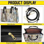 Top view of pearl Madonna handbag displaying top zipper opening and carry handles