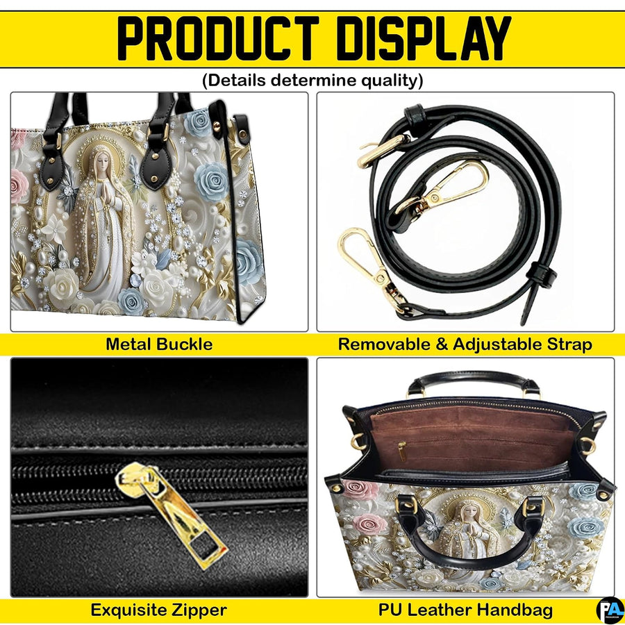 Top view of pearl Madonna handbag displaying top zipper opening and carry handles