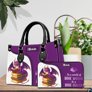 Model carrying the purple fantasy dragon handbag outdoors displaying the front bookish artwork.