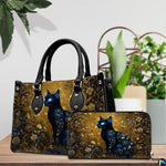 Black Cat Leather Bag – Vintage Cat Art Handbag, Stylish Animal-Themed Purse, Unique Gift for Cat Lovers