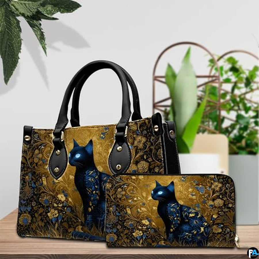 Black Cat Leather Bag – Vintage Cat Art Handbag, Stylish Animal-Themed Purse, Unique Gift for Cat Lovers