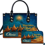 Three magi camel caravan under glowing Bethlehem star handbag and matching wallet pair