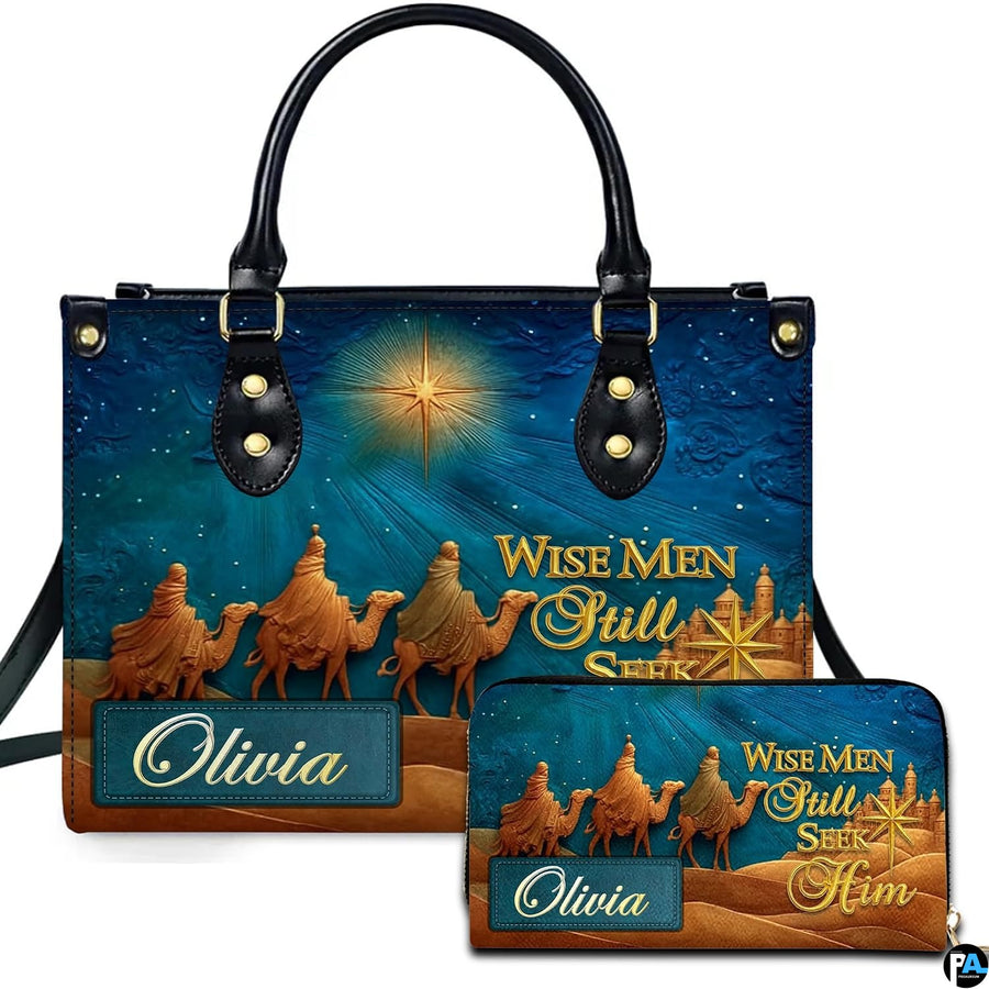 Three magi camel caravan under glowing Bethlehem star handbag and matching wallet pair
