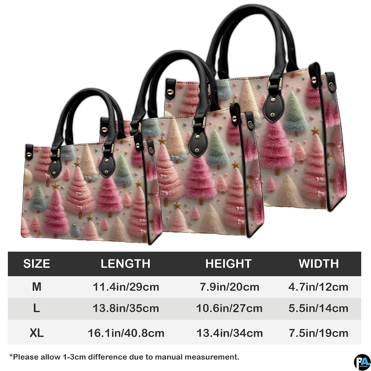 Scale chart illustrating proportional dimensions for pastel holiday trees pattern