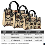 Graphic layout displaying size scale comparisons across satchel models.
