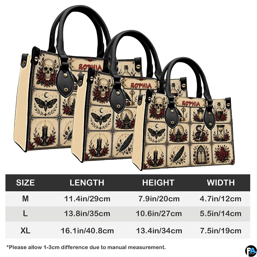 Graphic layout displaying size scale comparisons across satchel models.