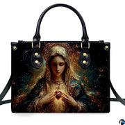 Isolated studio presentation of Immaculate Heart of Mary handbag on white backdrop.