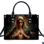 Isolated studio presentation of Immaculate Heart of Mary handbag on white backdrop.