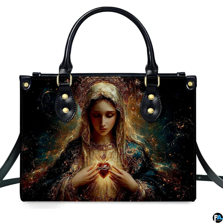 Isolated studio presentation of Immaculate Heart of Mary handbag on white backdrop.