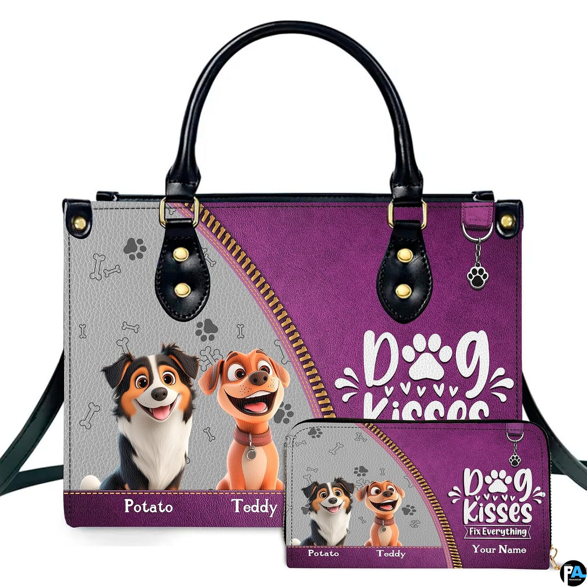 Front view of cartoon canine duo purple handbag and matching wallet set with smiling animated pups
