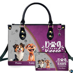 Front view of cartoon canine duo purple handbag and matching wallet set with smiling animated pups