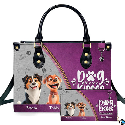 Front view of cartoon canine duo purple handbag and matching wallet set with smiling animated pups