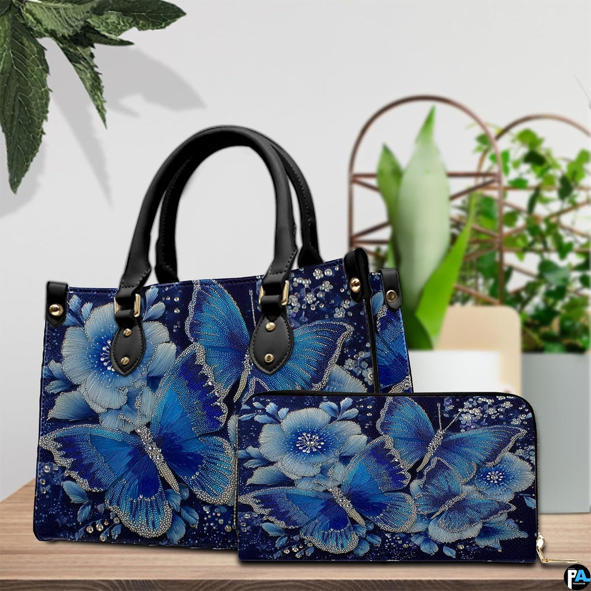 Side profile view of structured butterfly handbag with sleek silhouette and dark carrying handles.