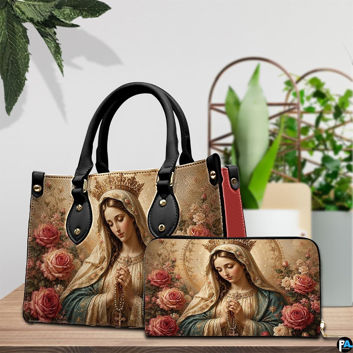 Side profile view illustrating seam finish and sepia floral print