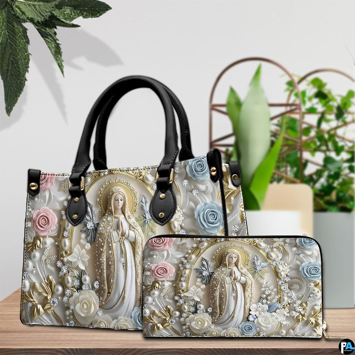 Interior view of pearl Madonna handbag showing spacious compartments and lining