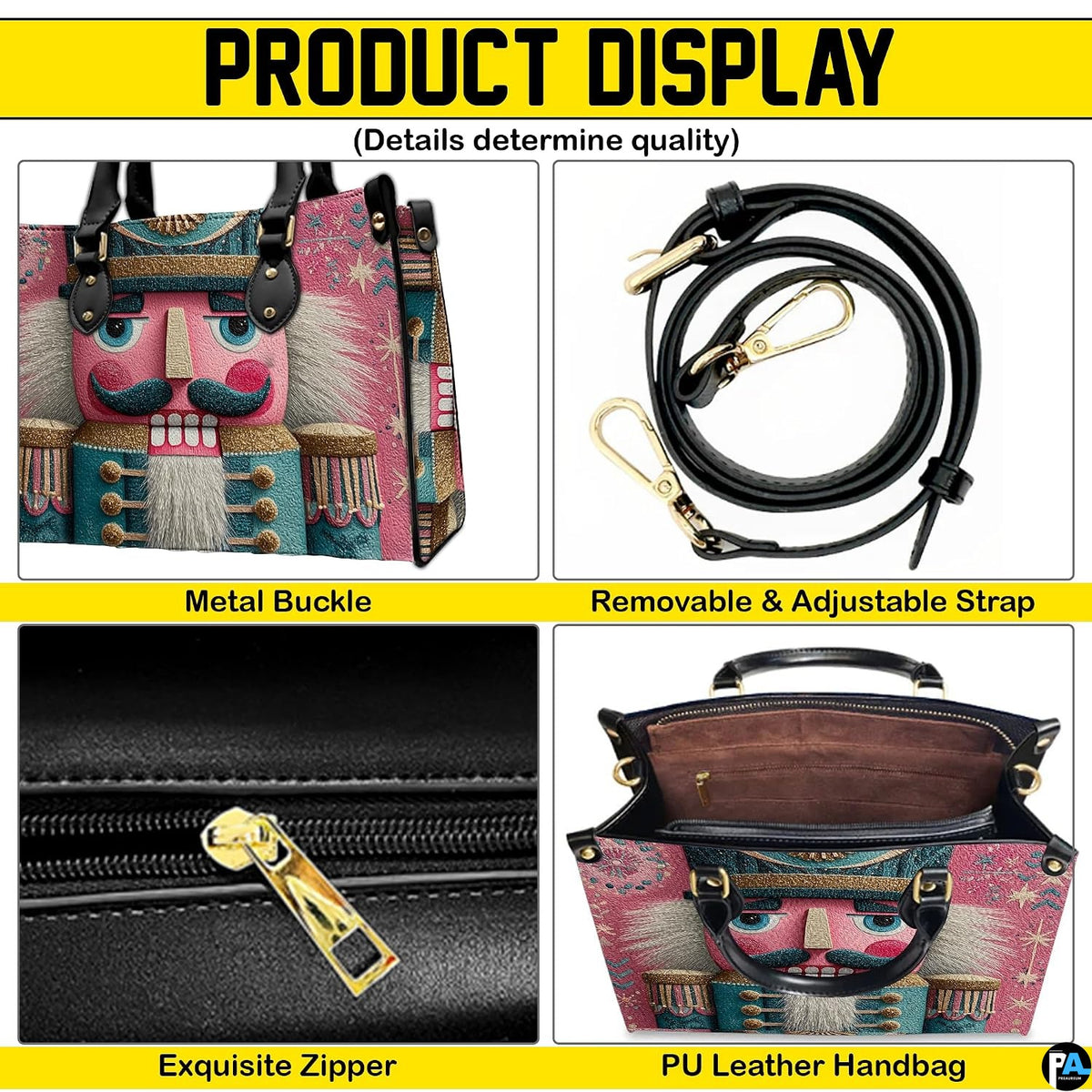 Four panel graphic overview showcasing features of the Nutcracker soldier holiday accessory