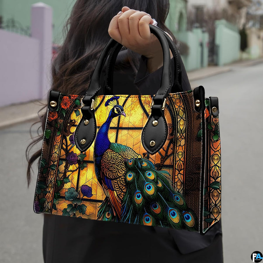 Woman carrying a stained-glass-style peacock handbag