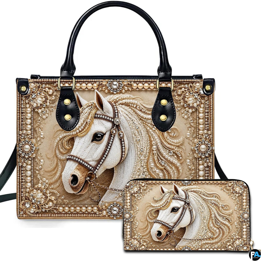 Baroque horse pearl art accessory displayed beside companion piece on white surface showing gilded equine relief.
