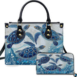 Trio sea turtle handbag and matching wallet set featuring swimming turtles and ocean wave patterns.