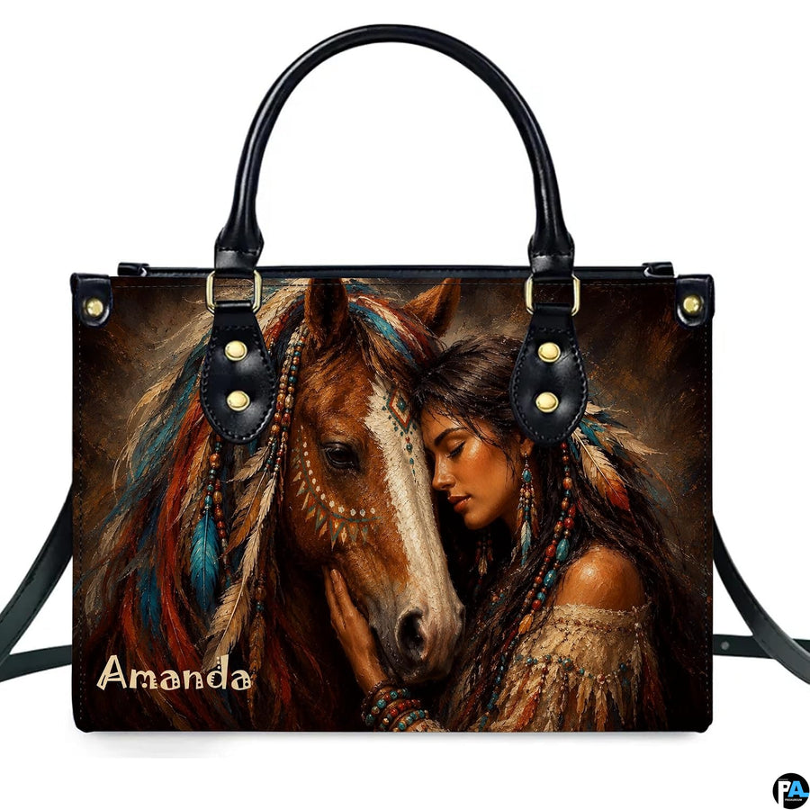 Indigenous horse artwork showing a maiden embracing an adorned chestnut steed on the accessory.