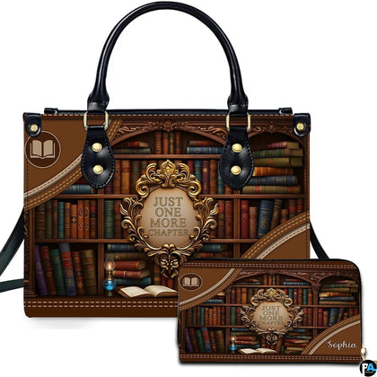 Vintage antique bookshelf library handbag and matching wallet set on white background.
