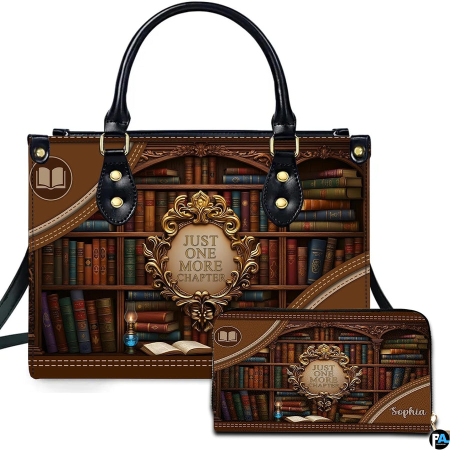 Vintage antique bookshelf library handbag and matching wallet set on white background.