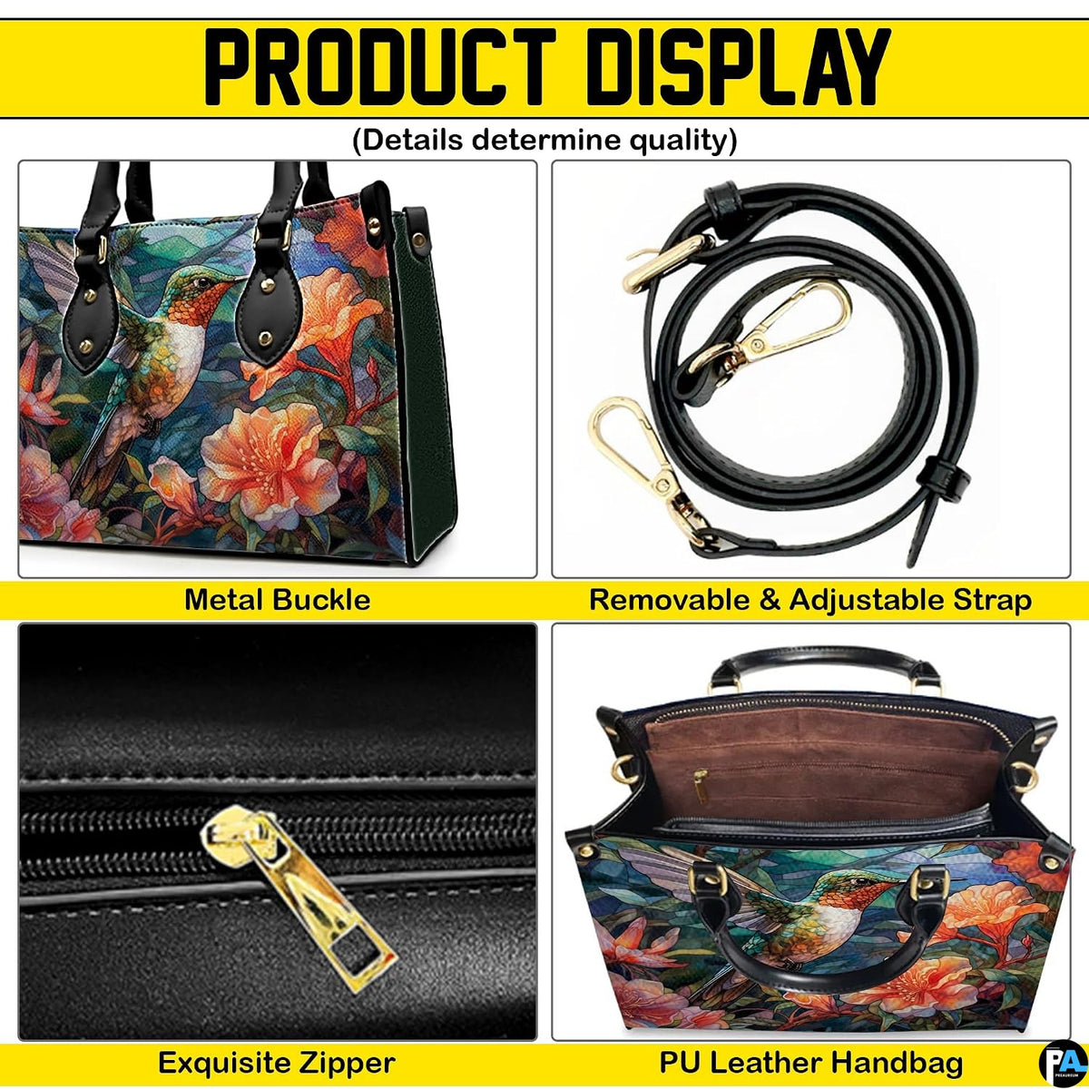 Handbag displayed in indoor setting with floral arrangement and circular texture close-up inset.