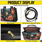 Handbag displayed in indoor setting with floral arrangement and circular texture close-up inset.