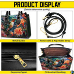 Handbag displayed in indoor setting with floral arrangement and circular texture close-up inset.