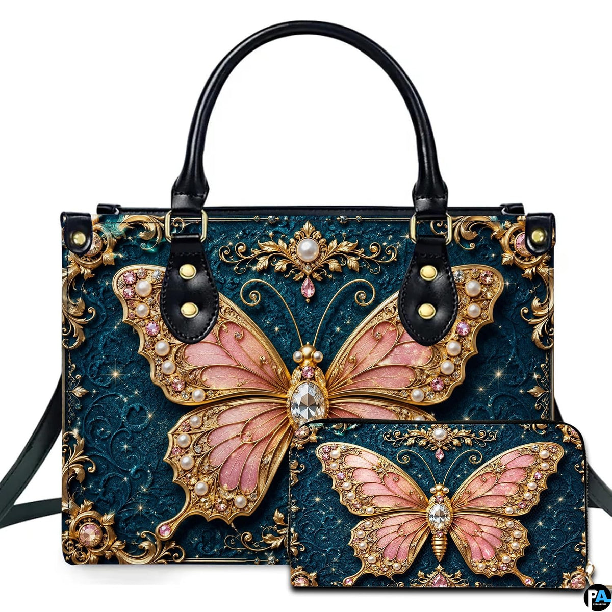 Studio presentation showing baroque teal jewel butterfly artwork alongside matching companion on white surface.