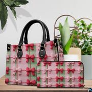 Indoor tabletop presentation of gingham ribbon bow item beside decorative potted houseplant