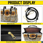 Detailed view of sunflower handbag interior showing zip pocket and structure.