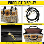 Detailed view of sunflower handbag interior showing zip pocket and structure.