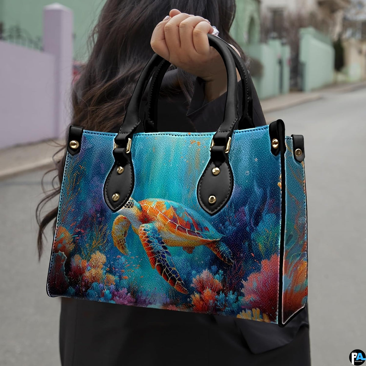 Angled front view displaying the colorful sea turtle swimming over a blossoming coral garden.