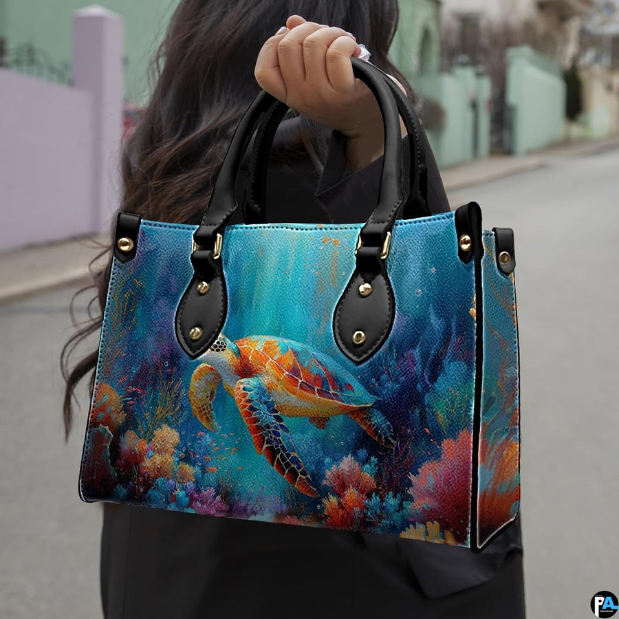 Angled front view displaying the colorful sea turtle swimming over a blossoming coral garden.