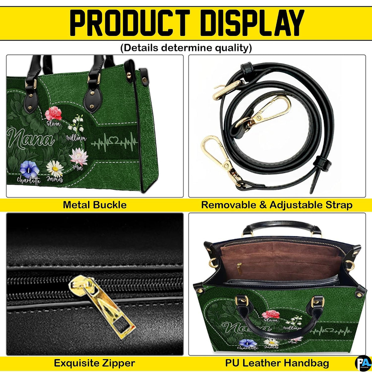 Perspective angle view of green handbag highlighting side depth and continuous botanical alignment.
