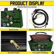 Perspective angle view of green handbag highlighting side depth and continuous botanical alignment.