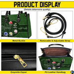 Perspective angle view of green handbag highlighting side depth and continuous botanical alignment.