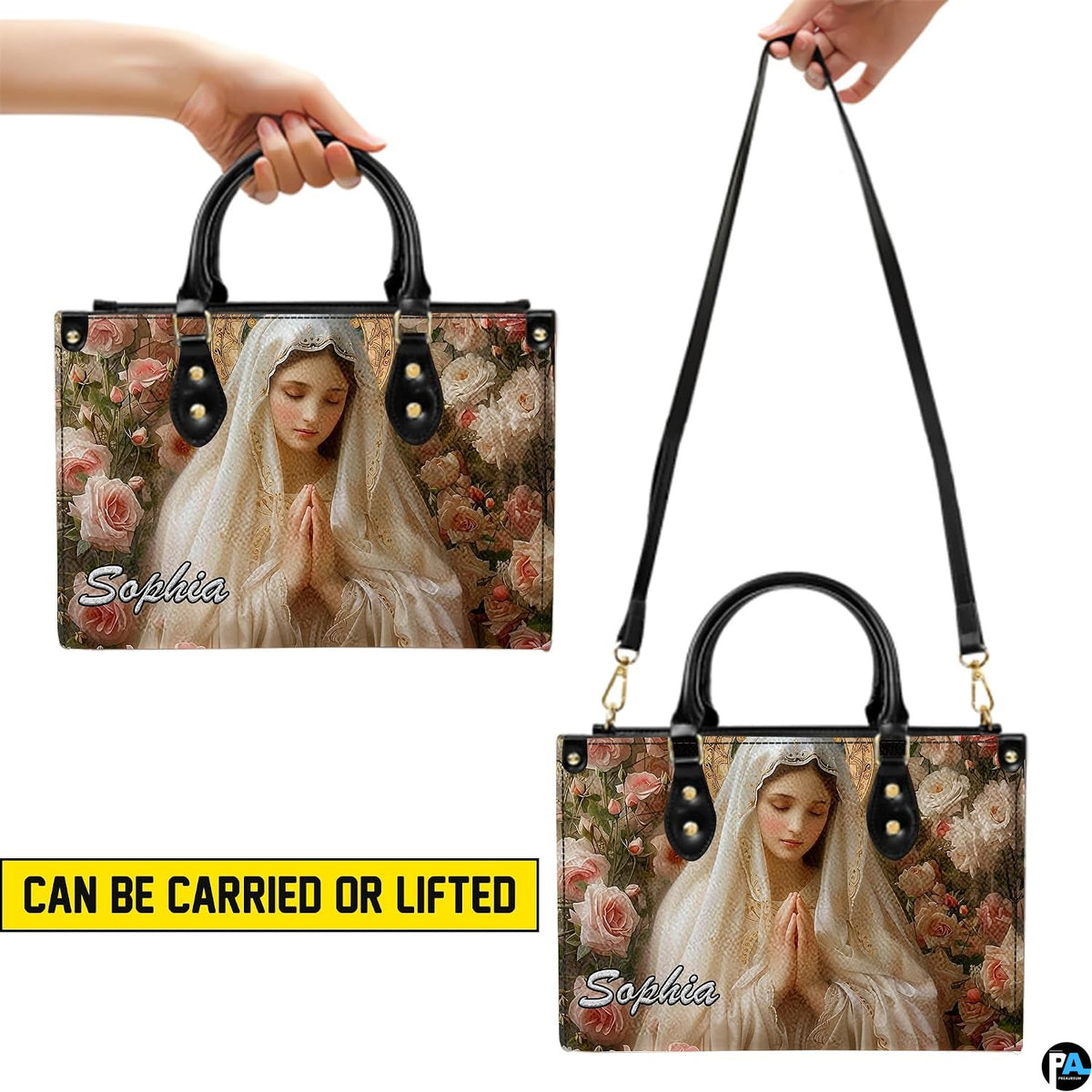 Carrying options demonstrated for the Virgin Mary ivory veil devotional handbag