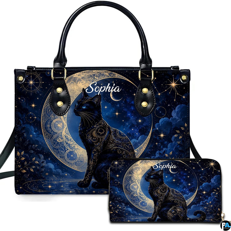 Black Cat Leather Bag – Vintage Cat Art Handbag, Stylish Animal-Themed Purse, Unique Gift for Cat Lovers