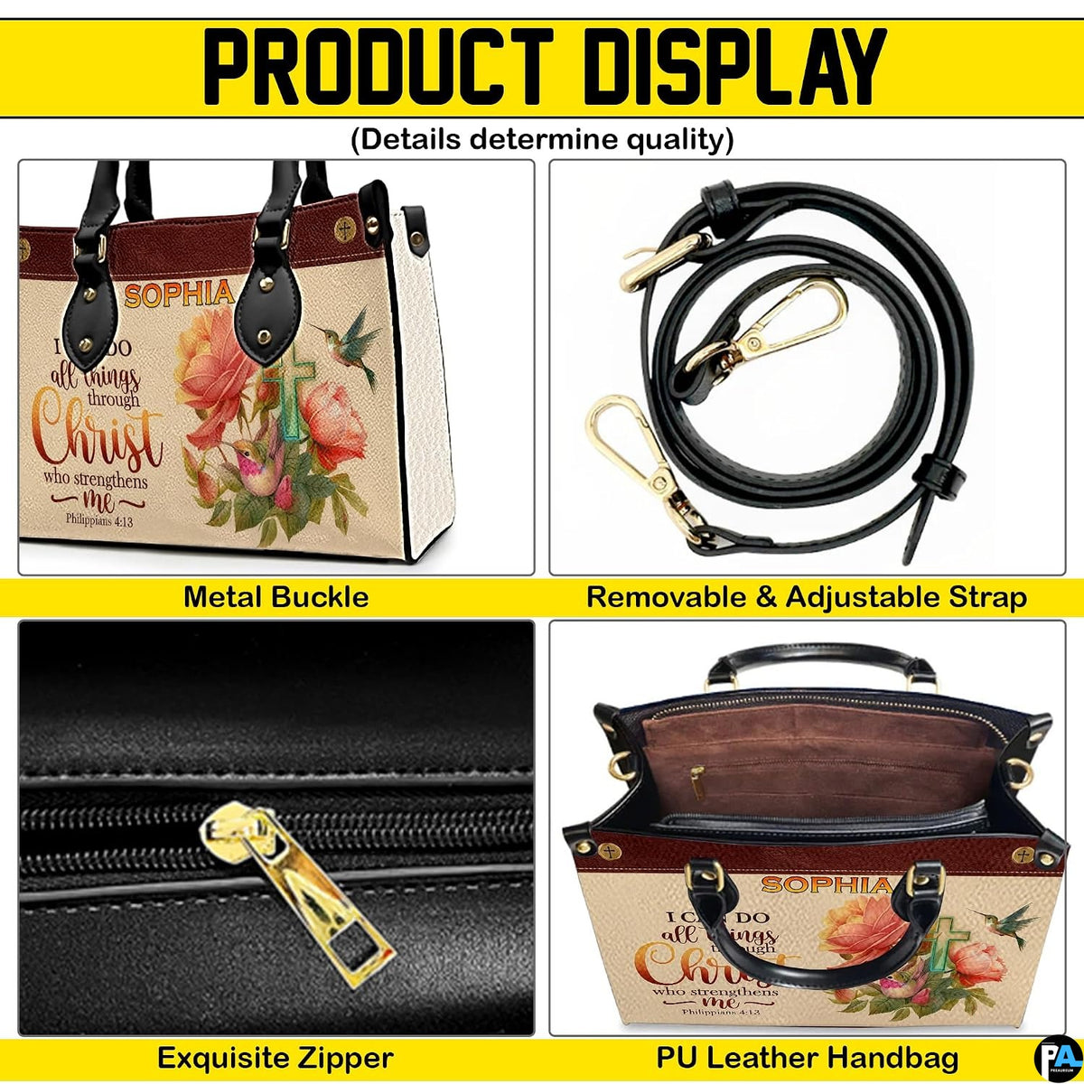 Hardware detail collage highlighting metallic clips, shoulder strap, zipper pull, and interior.