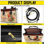 Hardware detail collage highlighting metallic clips, shoulder strap, zipper pull, and interior.