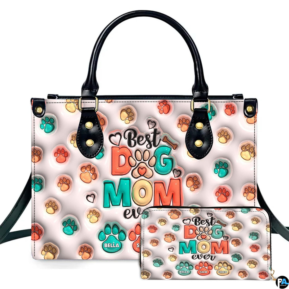 Front view of pastel paw print pet lover handbag and matching wallet set with colorful paw pattern