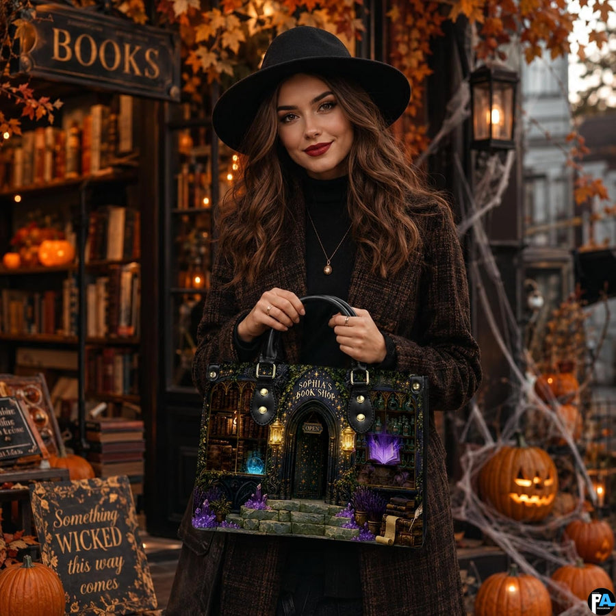 Nighttime bookshop facade featuring potion bottles in glass windows and glowing purple crystal clusters.
