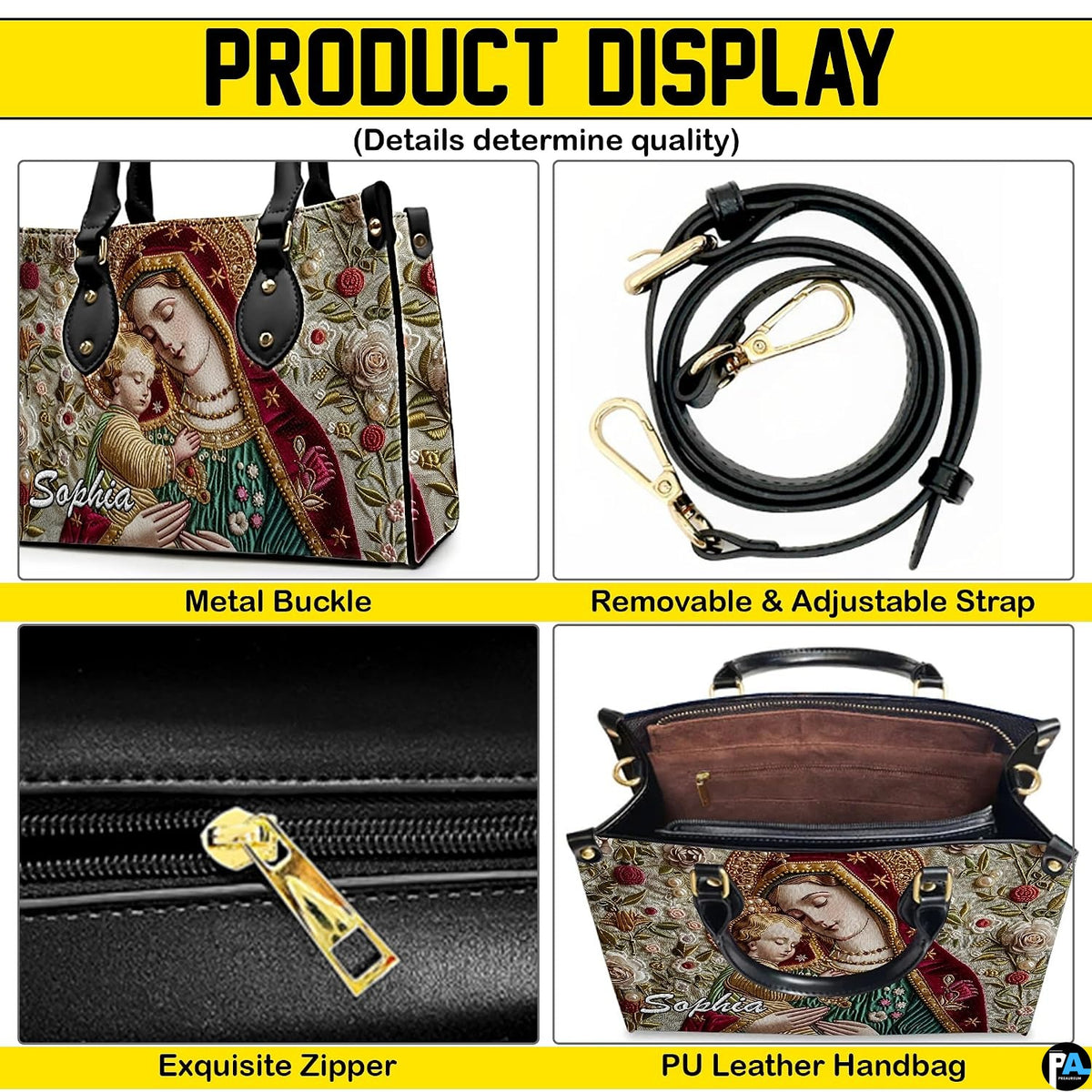 Detailed collage showing handbag top handles, zipper closure, and strap attachments