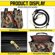 Detailed collage showing handbag top handles, zipper closure, and strap attachments