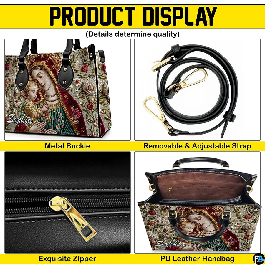 Detailed collage showing handbag top handles, zipper closure, and strap attachments